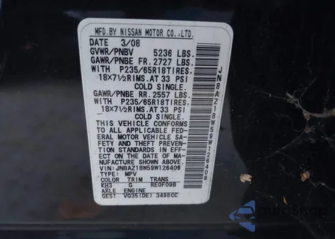 2009 Nissan Murano S z USA, uszkodzony, nr VIN JN8AZ18W59W126409